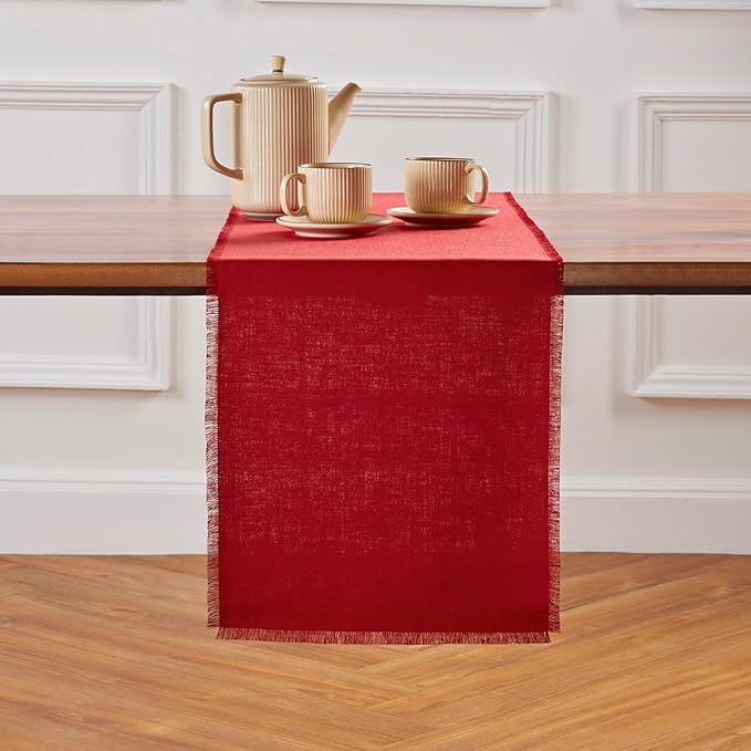 Solino Home Fringe Linen Table Runner 72 Inches Long - 100% Pure Linen Cherry Red Dining Table Runner 14 x 72 Inch for Valentines