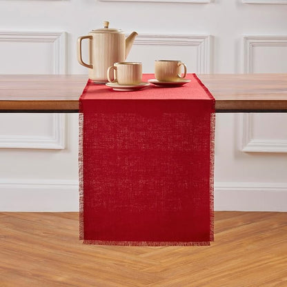 Solino Home Fringe Linen Table Runner 60 Inches - 100% Pure Linen Cherry Red Table Runner 14 x 60 Inch Ideal for Dresser and Coffee Tables - Valentines