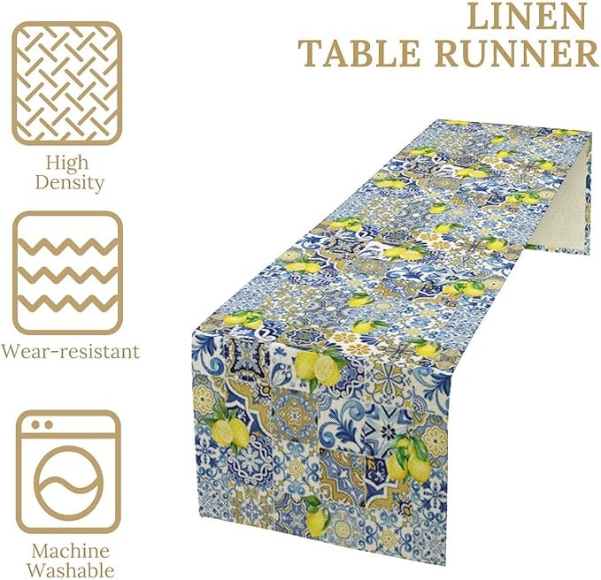 Farmhouse Rustic Lemon Table Runner,Vintage Morocco Blue Tiles Mediterranean Summer Fruit Print Table Runner for Kitchen Dining Table Home Party Decor 13x70in
