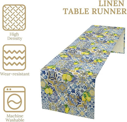 Farmhouse Rustic Lemon Table Runner,Vintage Morocco Blue Tiles Mediterranean Summer Fruit Print Table Runner for Kitchen Dining Table Home Party Decor 13x108in