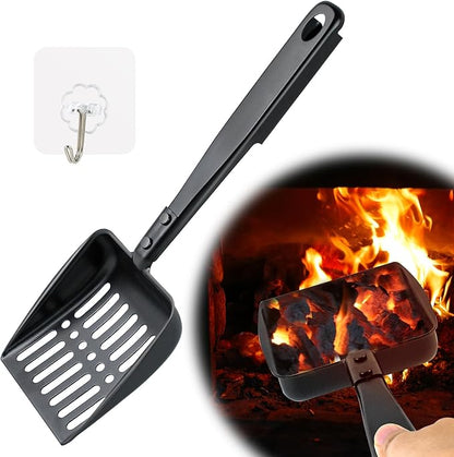 13 Inch Hollow Out Fireplace Ash Sifter Metal Black Coal Shovel Heat Resistant Scoop Charcoal Shovel Tools With Self-Adhesive Hook for Wood Stove Indoor Fire Pit