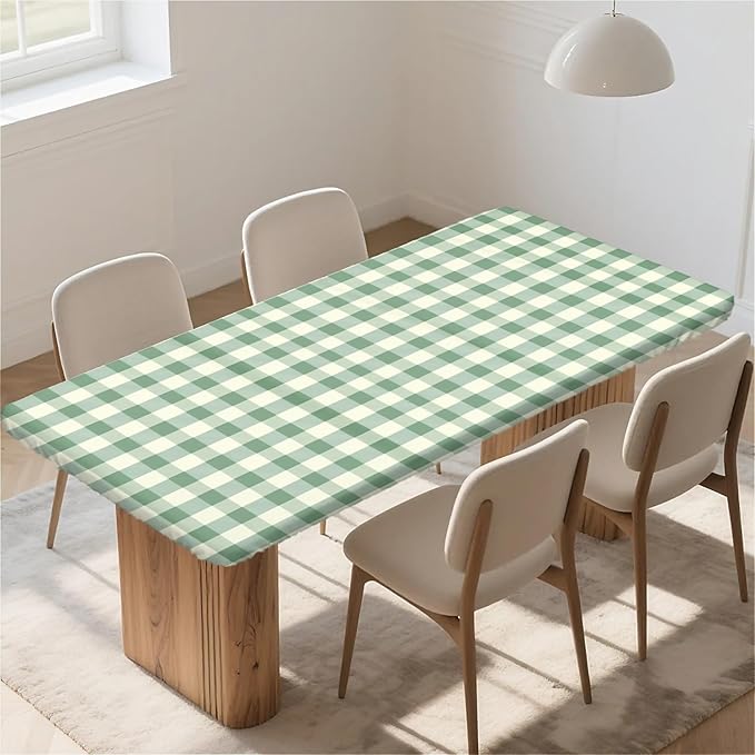 Rectangle Table Cloth Cover Waterproof Elastic Fitted Polyester Fitted Tablecloths for 6 Foot Tables for Indoor,Picnic, Camping, Outdoor （60" x 30"，Green Grid）
