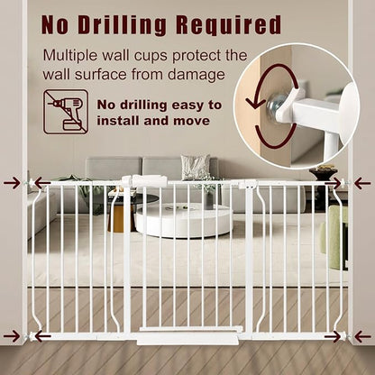 Extra Wide Baby Gate 71.65-76.38 Pressure Mounted,Child Dog Pet Safety Gates with Walk Through Door for Doorways Stairs No Drilling in Door,White