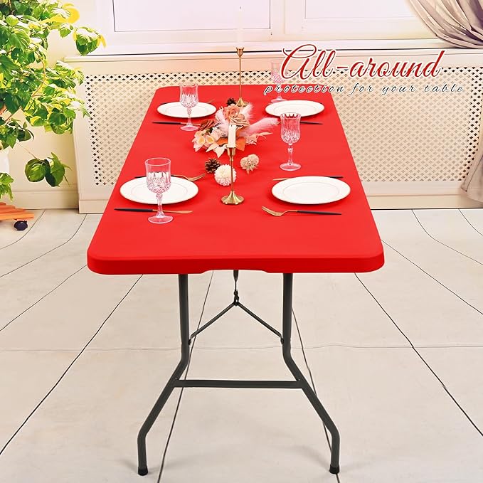 10 Pack Stretch Fabric Table Top Cap Cover, Red Table Covers fits 8Ft Tables, Washable Elastic Universal Rectangle Tablecloth Protector for Indoor Outdoor Party Picnic Wedding (30" W x 96" L)