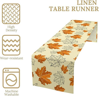 Fall Maple Leaves Table Runner, Rustic Vintage Autumn Orange Leaf Thanksgiving Farmhouse Kitchen Dinning Table for Indoor Outdoor Home Party, 13x70inch