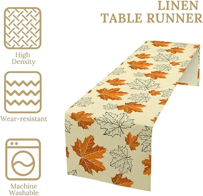Fall Maple Leaves Table Runner, Rustic Vintage Autumn Orange Leaf Thanksgiving Farmhouse Kitchen Dinning Table for Indoor Outdoor Home Party, 13x108inch