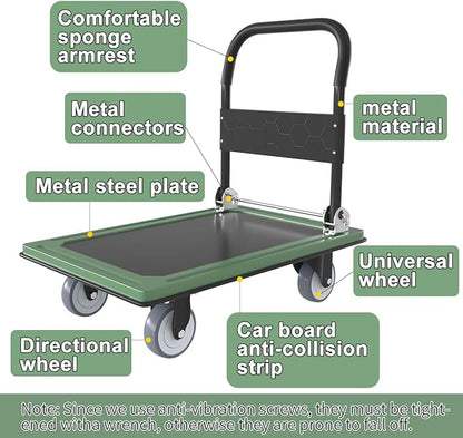 WUD Push Cart, Folding Mobile Platform Trolley,Thickened and Reinforced, 360° Swivel Wheels,30.3 “L x 19.7 ”W, 900 lb. Green Dolly cart with Wheels