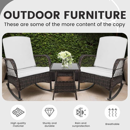 3pcs Modern PE Wicker Outdoor Rocking Chairs & Glass Table Set - Image 6