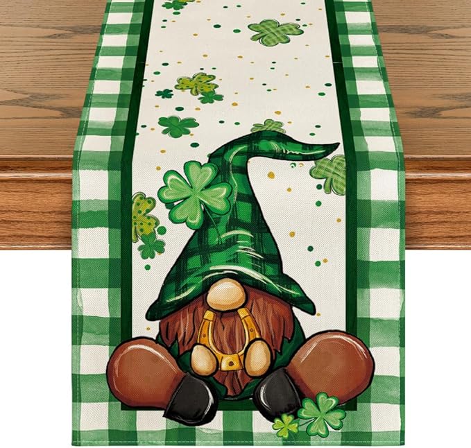 Artoid Mode Shamrock Lucky Buffalo Plaid Gnomes St. Patrick's Day Table Runner, Kitchen Dining Table Decor for Outdoor Home Party Decor 13 x 72 Inch
