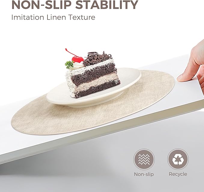13" Round Placemats Set of 8, Reversible Faux Leather Heat Resistant Table Mats, 100% Waterproof Oilproof Wipeable Table Protective Placemats for Vinyl, Washable for Indoor & Outdoor Use (8, Beige)