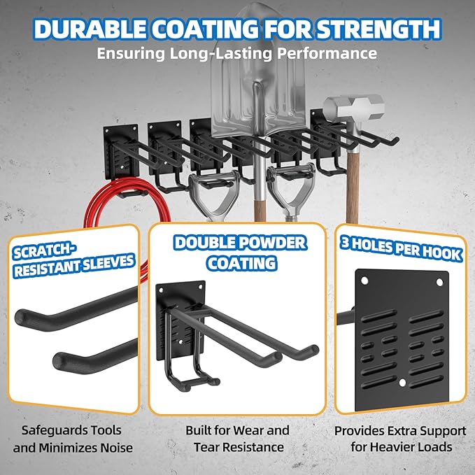 12 Pack Garage Hooks Heavy Duty 10 INCH Double-Layer Steel Shed Wall Mount Workshop Garage Storage Organizer Hooks for Hanging Garden Tool, Hose, Ladder, Chairs, Bikes with Anti-Slip Coating