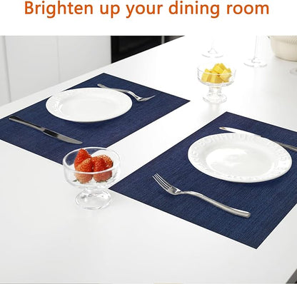 Placemats Set of 12 Washable&Wipeable Place mats for Dining Table Kitchen Indoor Outdoor Table Mats Heat Resistant Non Slip Woven Vinyl Table Placemats (Navy Blue，12PCS)