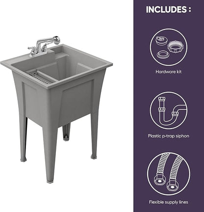 Freestanding Utility Sink with Two Handle Chrome Faucet - 24" Plastic Utility Sink for Garage, Laundry, Indoor and Oudoor Use - Laundry Tub Kit by Noah William Home - Grey (19.5 gal)