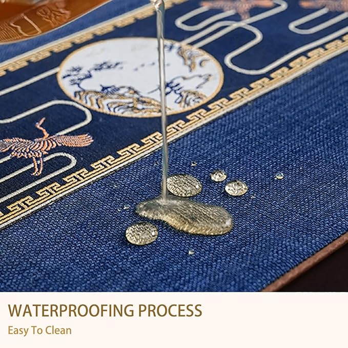 Embroidered Tassel Table Runner Chinese Style Landscape Painting Waterproof Cotton Linen Holiday Kitchen Dining Table Decoration for Home Party Decor 13x72 Inch (Blue)