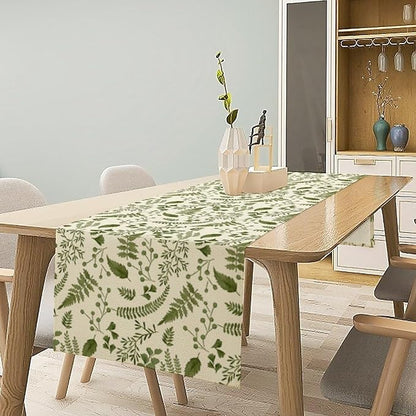 Green Leaves Table Runner,Spring Summer Herbs Botanical Natural Plants Print Table Runner for Kitchen Dining Table Farmhouse Home Party Decor 13x90in