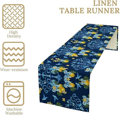 Lemon Fruit Table Runner Nature Bow Farmhouse Talavera Ethnic Folk Rustic Birds Aesthetic Dining Table Decoration for Home Holiday Party Dresser Kitchen Cabin Restaurant Wedding Decor 13×120in