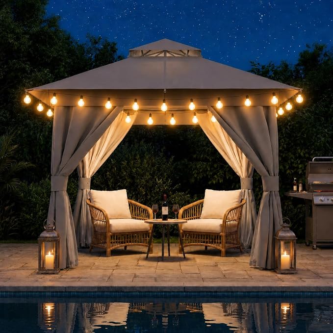 8'x8' Outdoor Gazebo with 50FT String Lights, Metal Heavy Duty Patio Canopy by LAUSAINTHOME