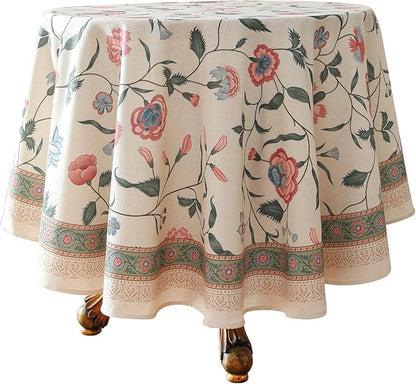 ISAENNE Designer Chinoiserie Linen Floral Small Round Tablecloth,White Wrinkle Resistant Table Cloth,Elegant Decor Tablecloths for Dining Thanksgiving Kitchen Christmas,Diameter 55"-Daffy