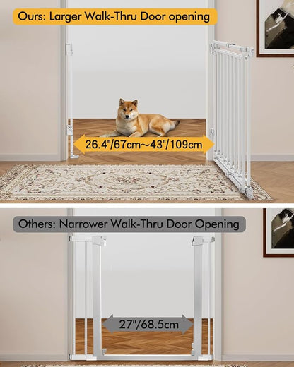Baby Gate for Stairs Doorways & Kitchen, 26.4"-43" W x 29" H, No Bottom Bar Dog Gate, One-Handed Auto-Close, Hardware Mount Safety Gate for Dogs & Toddlers, White