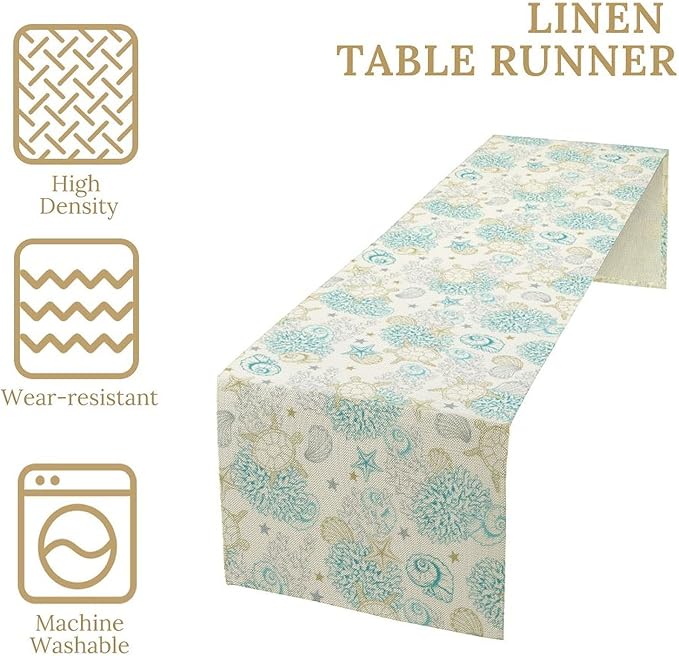 Ocean Coastal Table Runner, Nautical Summer Beach Coral Sea Turtle Table Runner for Kitchen Coffee Dining Bedroom Living Room Dinner 13x90in