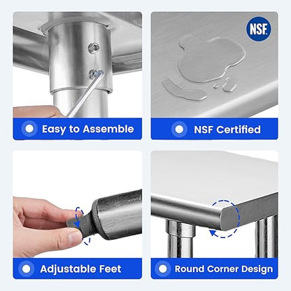 Hally Stainless Steel Table for Prep & Work 14 x 72 Inches, NSF Commercial Heavy Duty Table with Undershelf and Galvanized Legs for Restaurant, Home and Hotel
