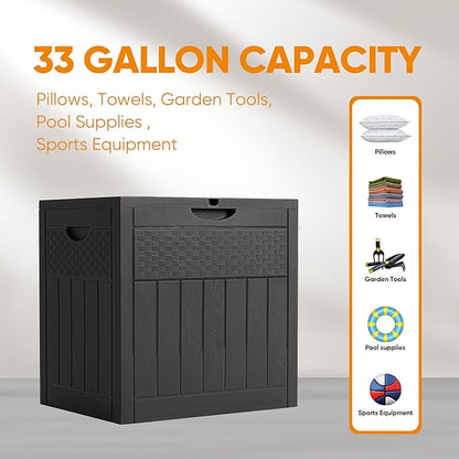 ZYJOYY 33 Gallon Resin Deck Box, Weatherproof Outdoor Storage Box for Patio, Garden, Pool, and Yard, Lockable Waterproof Bin for Tools, Cushions, and Accessories, Black
