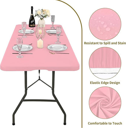 6 Pack Fitted Tablecloth for 6 Foot Rectangle Tables, Pink Elastic Outdoor Picnic Table Cover, Washable Stretch Folding Table Cloths 6 ft for Camping Party Patio Kitchen Banquet, 30" W x 72" L