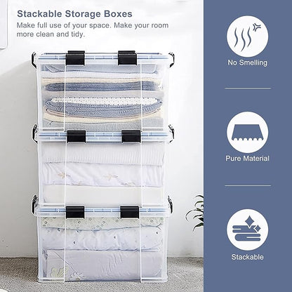 3-Pack Waterproof Plastic Storage Box, 90QT/85L Stackable Latch Box Durable Multi-Purpose Locking Bin with Lid and Black Clips for Bedding, Toys, Shoes and Clothes