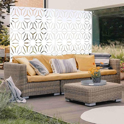 Outdoor Privacy Screen, 76" H x 48" W Decorative Metal Panel, Steel Privacy Divider with Freestanding Base, Ideal for Garden, Patio, or Balcony, White