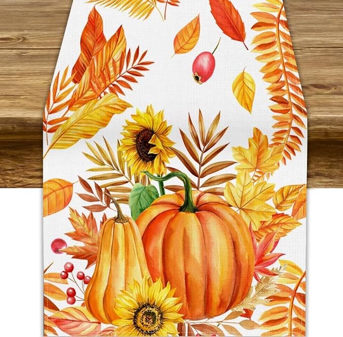 Fall Pumpkin Table Runner, Rustic Autumn Harvest Thanksgiving Sunflower Leaves Table Runner for Kitchen Dining Table Decoration Party Holiday, 13x70inch