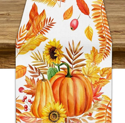 Fall Pumpkin Table Runner, Rustic Autumn Harvest Thanksgiving Sunflower Leaves Table Runner for Kitchen Dining Table Decoration Party Holiday, 13x120inch