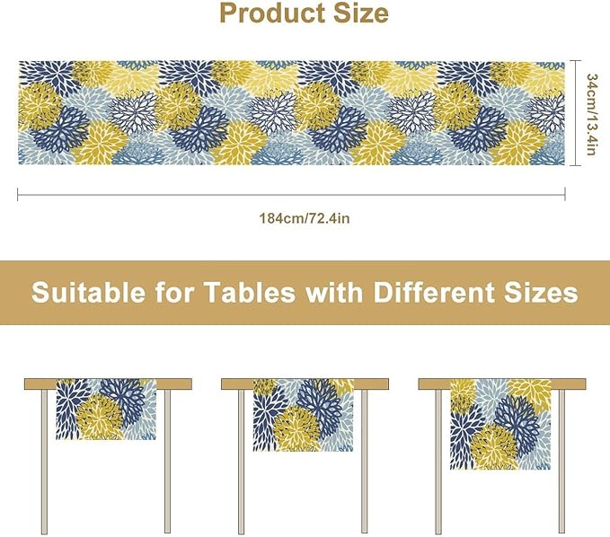 Dahlia Flower Table Runner,Blue Yellow Floral Print Table Runner for Kitchen Dining Table Dinner Holiday Home Party Indoor Outdoor Decor 13x70in