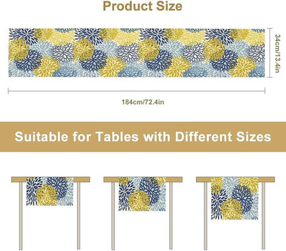 Dahlia Flower Table Runner,Blue Yellow Floral Print Table Runner for Kitchen Dining Table Dinner Holiday Home Party Indoor Outdoor Decor 13x70in