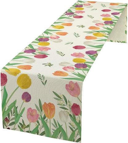 Tulips Spring Table Runner, Rustic Farmhouse Watercolor Botanical Colorful Tulips Olive Leaves Summer Garden Table Cover For Kitchen Dinning Table Indoor Outdoor Party Wedding Decor, 13x108inch