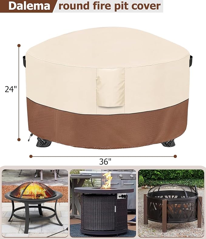 Fire Pit Cover,Outdoor Heavy Duty 600D 100% Waterproof Fire Pit Cover Round,Weatherproof Firepit Covers Round 36" Dia x 24" H,Beige & Brown