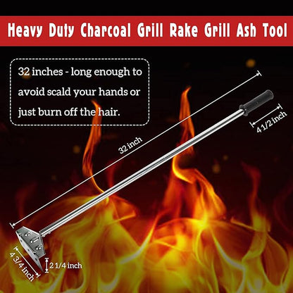 Heavy Duty Charcoal Grill Rake Ash Tool Accessories With Rubber Handle, Kettle Grill Pizza Oven Ash Rake - 32 Inch