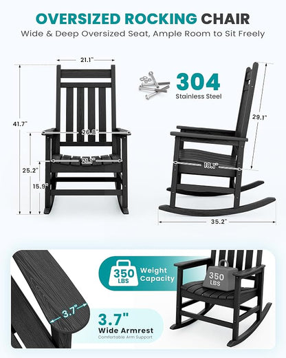 SERWALL Outdoor Rocking Chair Set of 2, Oversized Porch Rocker, Contoured 19.6" - Image 2