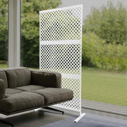 Outdoor Metal Privacy Screen with Stand, 35.4" W x 75" H Freestanding Metal Slatted Decorative Privacy Screen and Panels for Patio Garden Balcony Porch (White Grill)