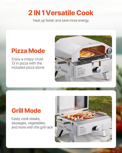 VEVOR 2 IN 1 Outdoor Pizza Oven, 13 in Propane Pizza Oven & Grill, 12,000 BTU Tabletop Propane Gas Oven with Pizza-Stone, Thermometer, Stainless Steel Portable Grill, for Camping & Backyard