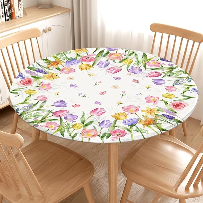 Spring Summer Easter Round Fitted Tablecloth with Elastic Edge Tulip Lavender Floral Circle Table Cloth for 36-40" Tables Wipeable Waterproof Farmhouse Flowers Table Cover for Picnic Dining Outdoor