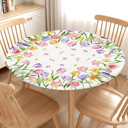 Spring Summer Easter Round Fitted Tablecloth with Elastic Edge Tulip Lavender Floral Circle Table Cloth for 40-44" Tables Wipeable Waterproof Farmhouse Flowers Table Cover for Picnic Dining Outdoor