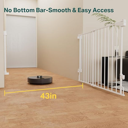 Cumbor 29.2–43" Baby Gate for Stairs, Wall-Mounted (Drill Required), Expandable No Bottom Bar Dog Gate, Auto Close Extra Wide Walk Thru, Pet & Toddler Proof Gate, Top & Bottom of Stairways (White)