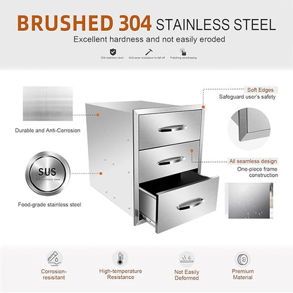 Outdoor Kitchen Drawers, Box Frame Style Flush Mount BBQ Drawer w/Stainless Steel Handle, BBQ Island Drawers For Patio Grill Station,Three Drawers