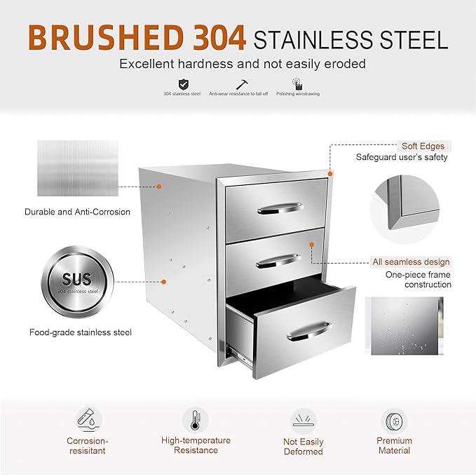 Pull Out Trash Drawer, Lower Sliding Rails Stainless Steel Roll Out Trash Bin Pull Out Tray With Handle For Outdoor Kitchen BBQ Island Grill Station,Three Drawers