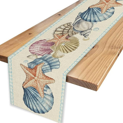 Summer Starfish Table Runner, Blue Check Sea Coastal Seashell Beach Nautical Starfish Ocean Table Runner Seasonal Holiday Home Kitchen Dining Table for Home Party Decor 13"x36"