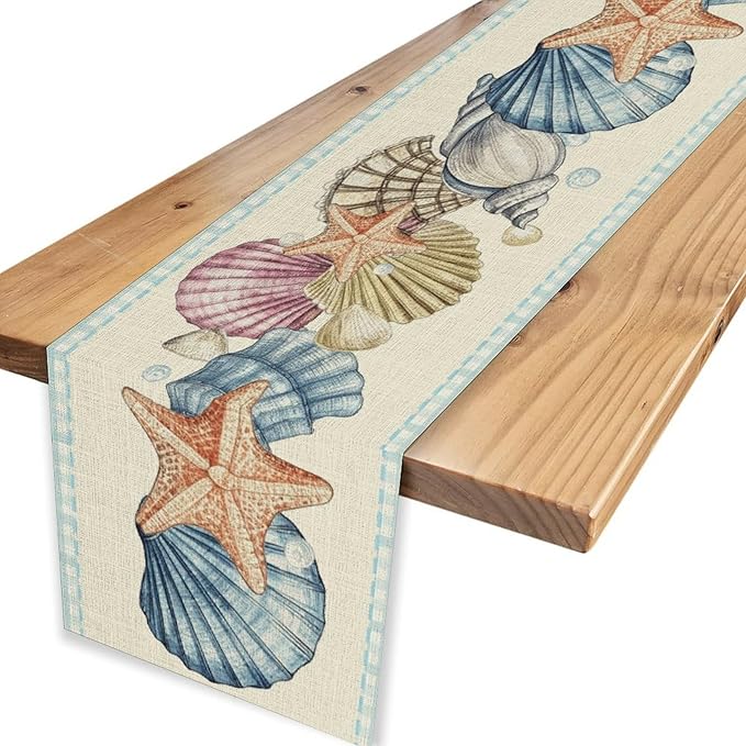 Summer Starfish Table Runner, Blue Check Sea Coastal Seashell Beach Nautical Starfish Ocean Table Runner Seasonal Holiday Home Kitchen Dining Table for Home Party Decor 13"x108"