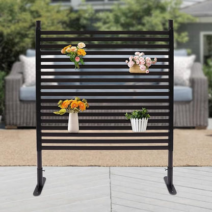 Outdoor Freestanding Privacy Screens, 35.4" W x 47" H Metal Slatted Decorative Panels with Stand, Brown Backyard Privacy Panels for Garden Patio