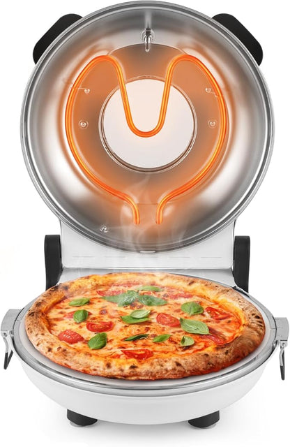 KLAIF 12" Electric Countertop Pizza Oven Indoor With Ceramic Stone, Dual Adjustable Temperature Controls, Includes 4 Pizza Tools, LMR-White