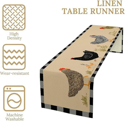 Farmhouse Roosters Chickens Table Runners, Black White Buffalo Plaid Vintage Rustic Animal Table Runner for Wedding Coffee Dining Table Party Home 13x70in