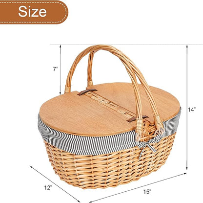 Wicker Picnic Basket with Liner, Wooden Split Lid Picnic Basket, Vintage-Style Picnic Hamper with Folding Woven Handle for Picnic, Camping, Outdoor, Valentine Day, Thanks Giving, Birthday (Grey)